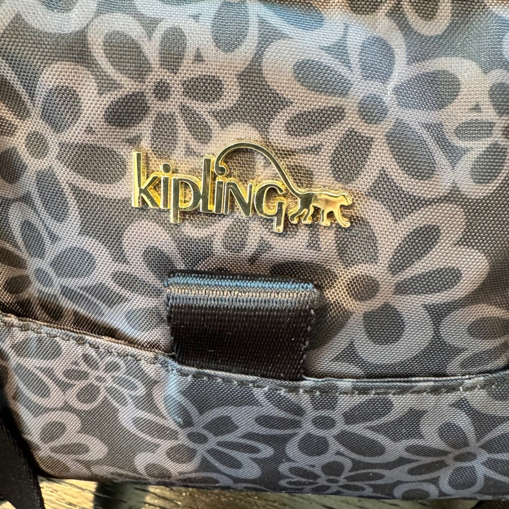 Kipling Black Grey Floral Nylon Satchel Crossbody Bag Gold Hardware Charm - Picture 13 of 15